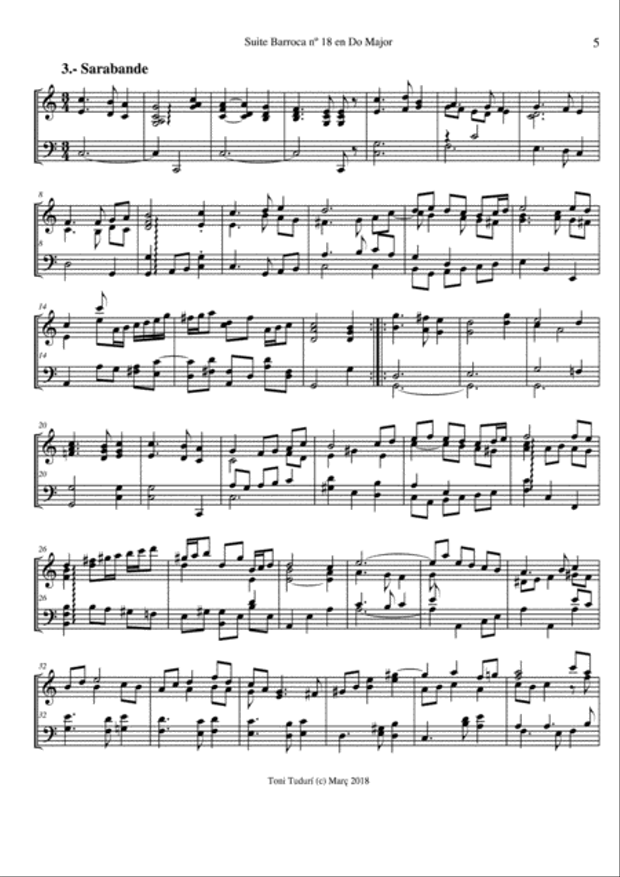 Sarabande (movement of baroque suite nº18 in C Major for piano of Toni Tudurí) Piano Solo scores gallery preview page 1