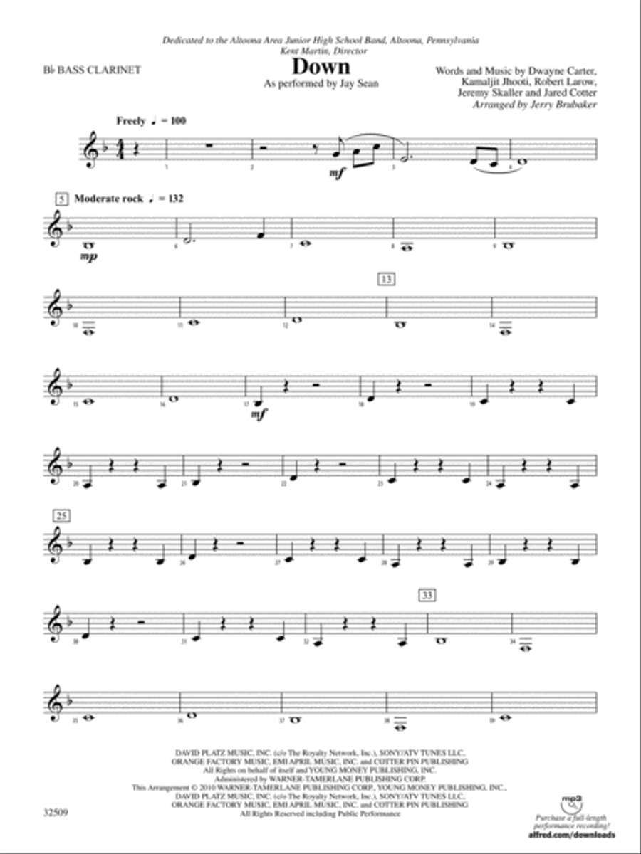 Down: B-flat Bass Clarinet Concert Band scores gallery preview page 1