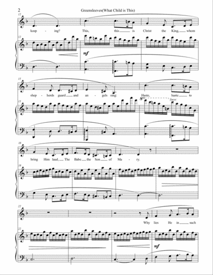 Greensleeves(What Child is This?) Piano Solo or Piano and Medium Voice Medium Voice scores gallery preview page 2