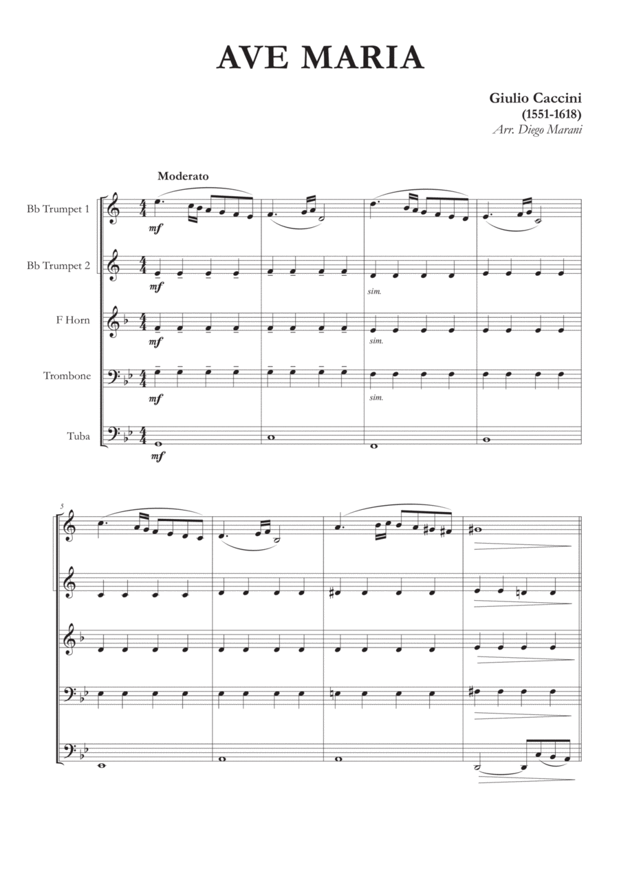 Ave Maria by Caccini-Vavilov for Brass Quintet Brass Quintet scores gallery preview page 1