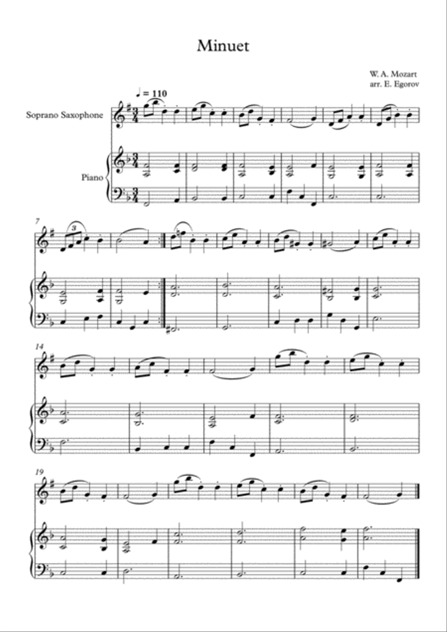 Minuet (In F Major), Wolfgang Amadeus Mozart, For Violin & Piano Soprano Saxophone scores gallery preview page 1
