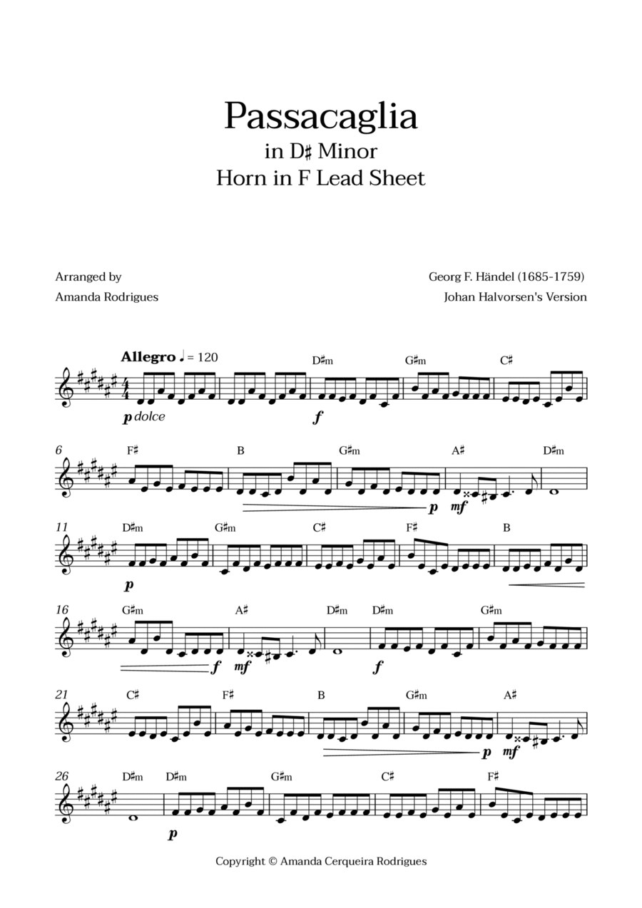 Passacaglia - Easy Horn in F Lead Sheet in D#m Minor (Johan Halvorsen's Version) Easy Piano scores gallery preview page 1