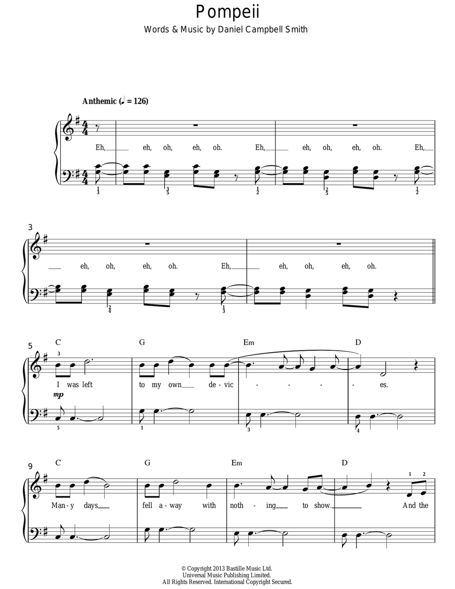 Pompeii Easy Piano scores gallery preview page 1