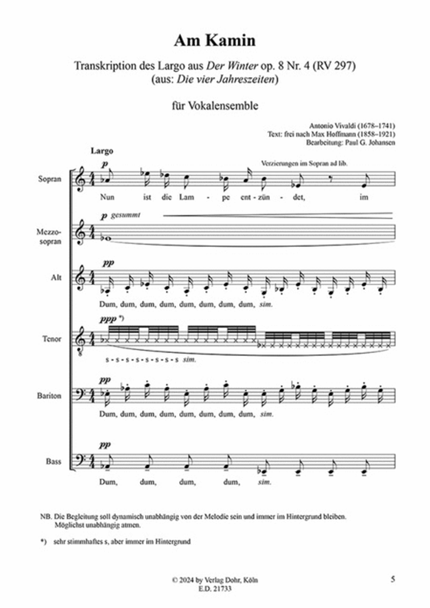 Am Kamin für gemischten Chor a cappella (Transkription des Largo aus "Der Winter" op. 8/4)