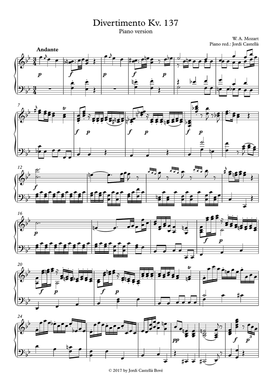 Divertimento K.137 – Piano Solo Version Piano Solo scores gallery preview page 1