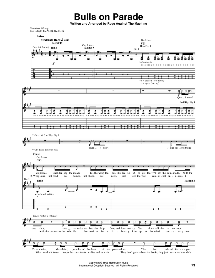 Bulls On Parade Acoustic Guitar scores gallery preview page 1