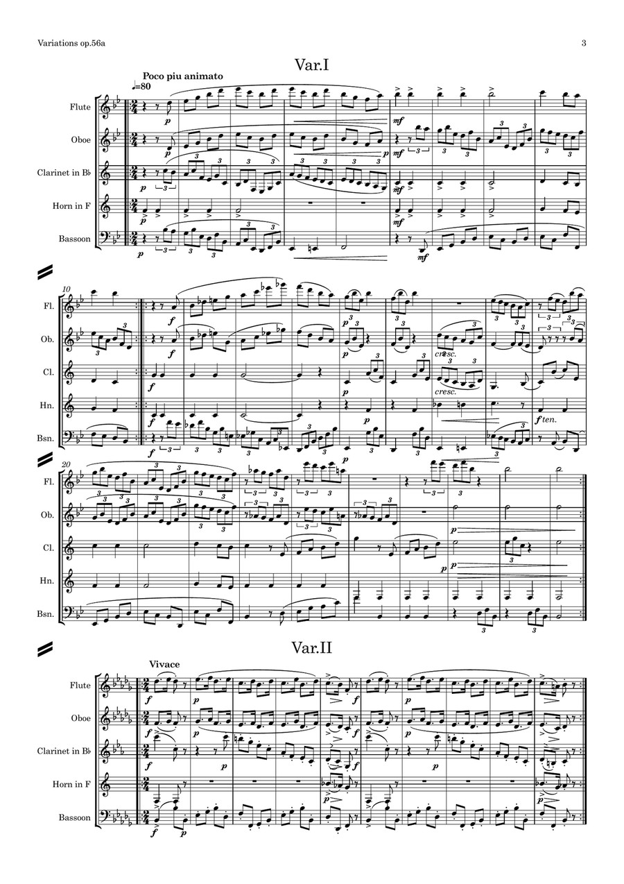Brahms: Variations on a Theme by Haydn Op.56a (Theme and Variations 1, 2, 3, 4 & 7) - wind quintet Woodwind Quintet scores gallery preview page 4
