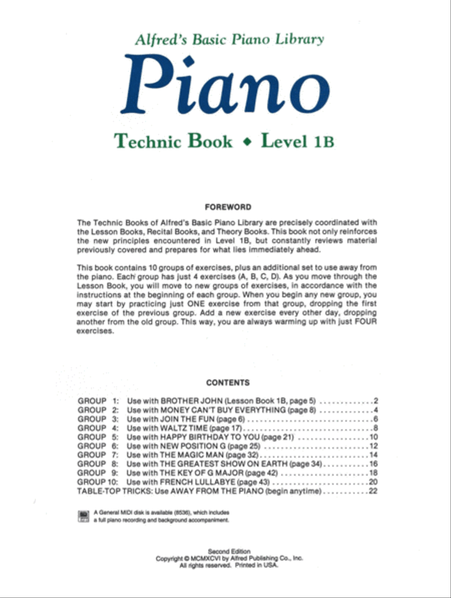 Alfred's Basic Piano Course Technic, Level 1B