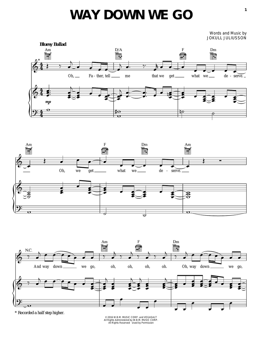 Way Down We Go Piano, Vocal, Guitar scores gallery preview page 1