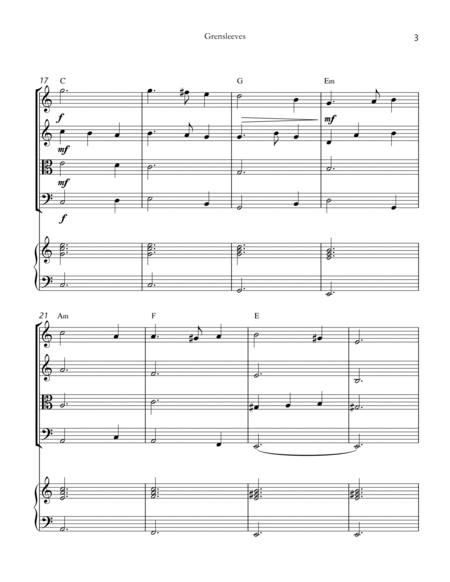 greensleeves for string quartet with chords symbols and piano sheet music image number null