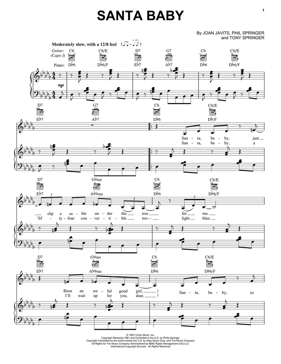 Santa Baby Piano, Vocal, Guitar scores gallery preview page 1