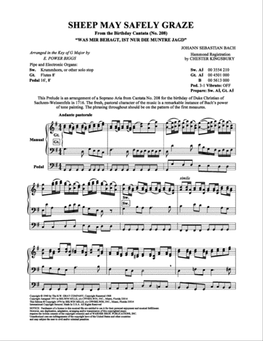 Sheep May Safely Graze, in G Major (from Cantata No. 208) Organ scores gallery preview page 1