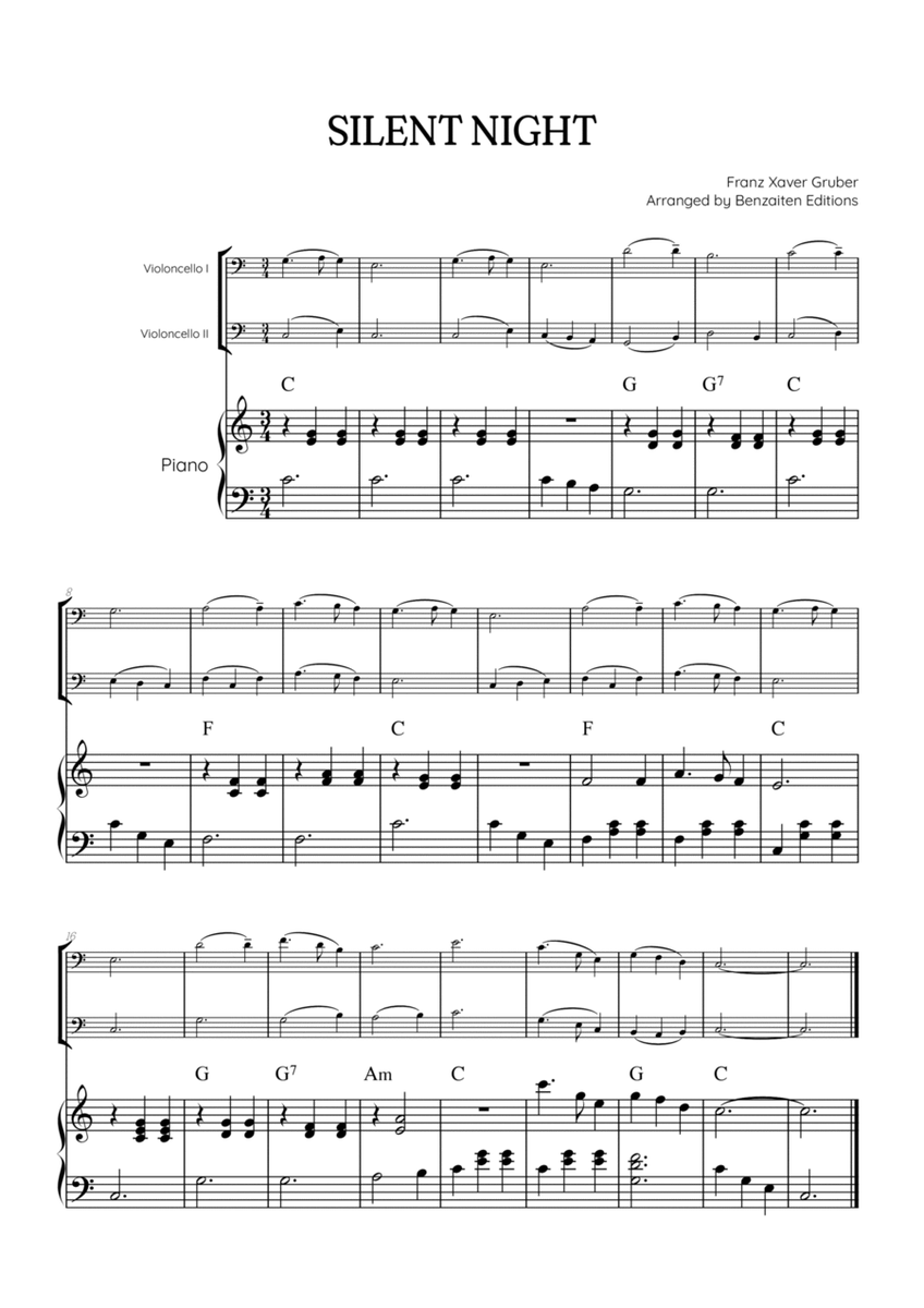 Silent Night for cello duet with piano accompaniment • easy Christmas song sheet music (w/ chords) image number null