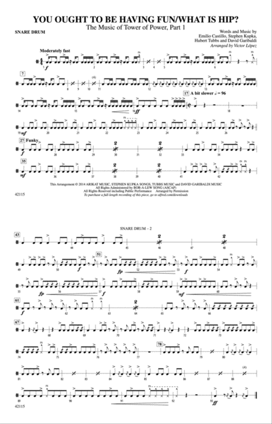 You Ought to Be Having Fun / What Is Hip?: Snare Drum Marching Band scores gallery preview page 1