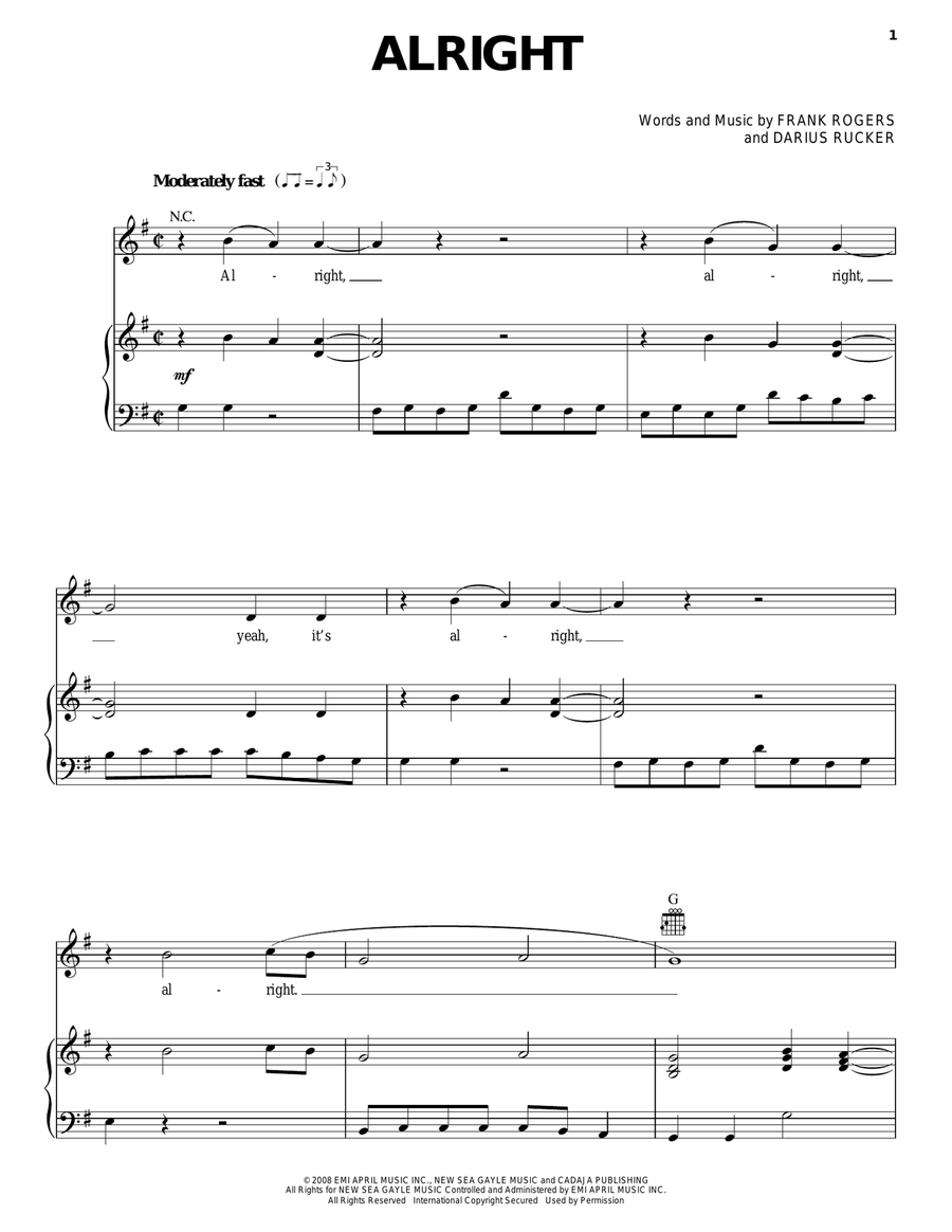 Alright Alright Piano, Vocal, Guitar scores gallery preview page 1