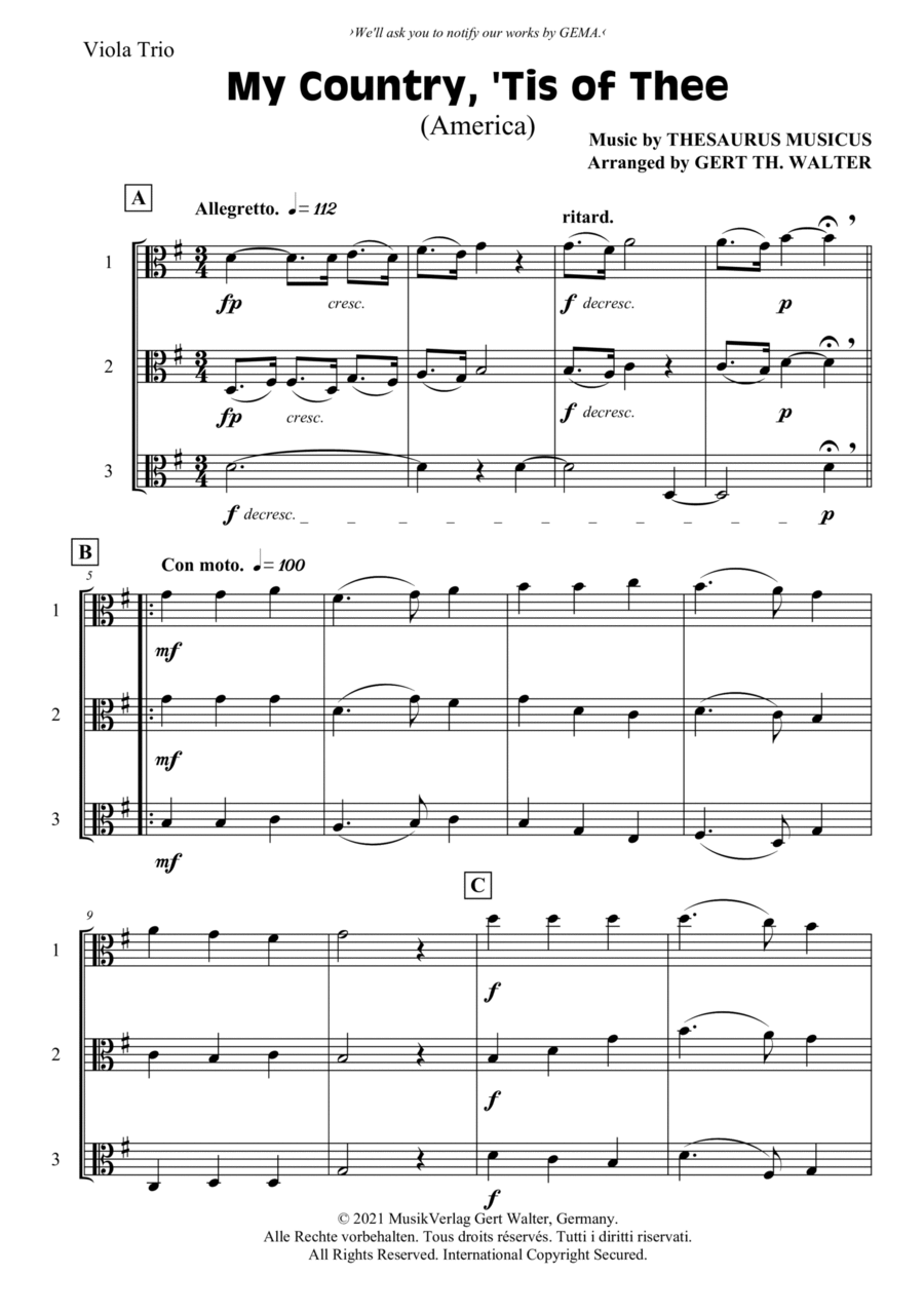My Country, 'Tis Of Thee (America) Viola Solo scores gallery preview page 1