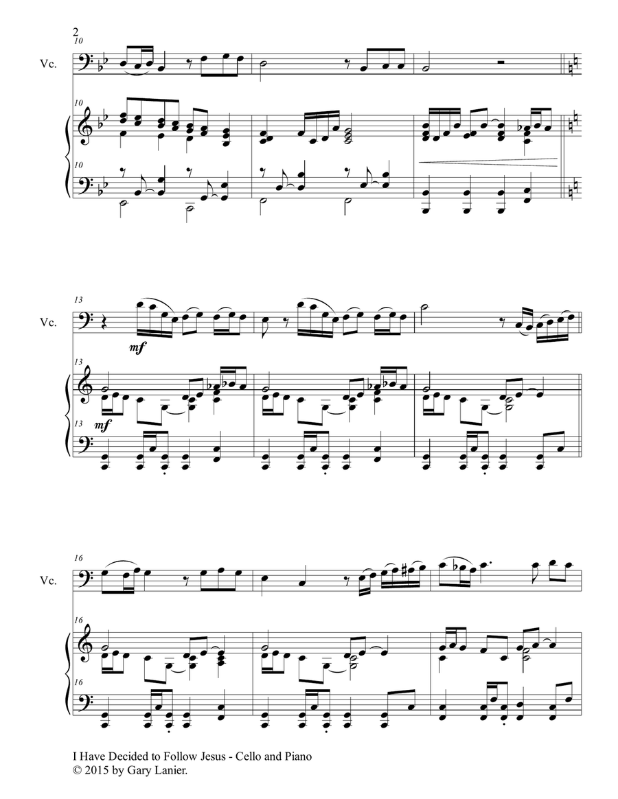 Gary Lanier: I HAVE DECIDED TO FOLLOW JESUS (Duet – Cello & Piano with Parts) Piano scores gallery preview page 3