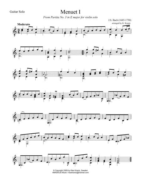 Menuet 1 & 2 from violin part. 3 for guitar solo (C Maj) image number null