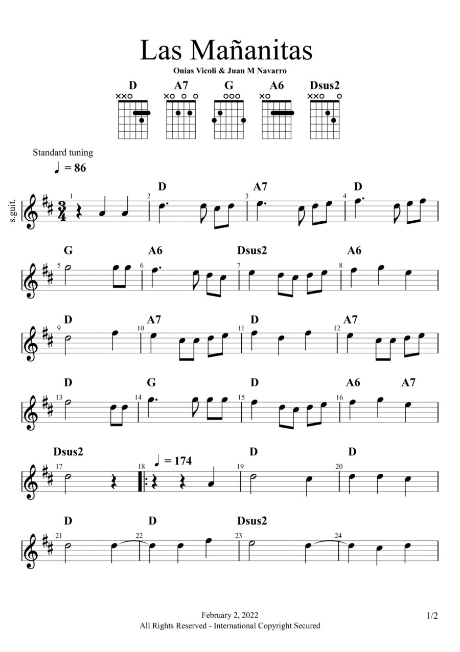 Las Mañanitas (D Major) Piano scores gallery preview page 1