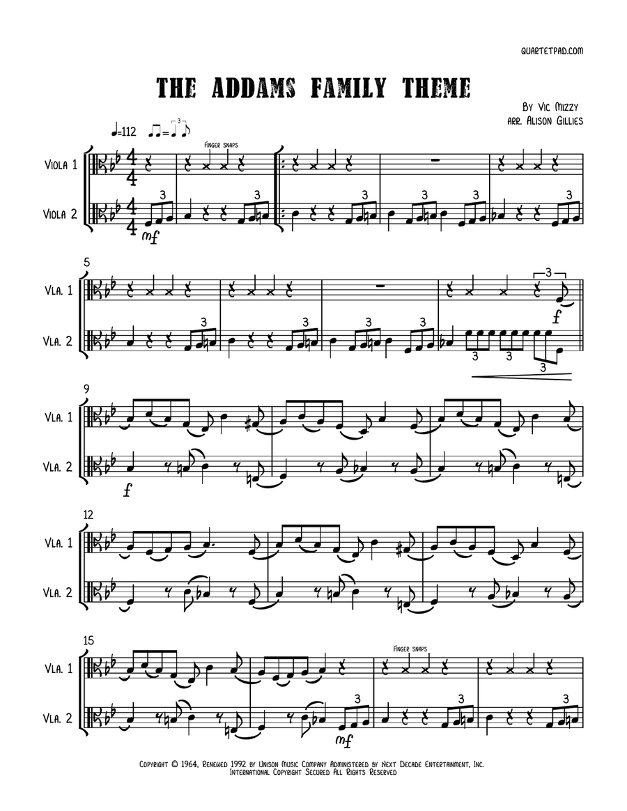 Addams Family Theme String Duet scores gallery preview page 1