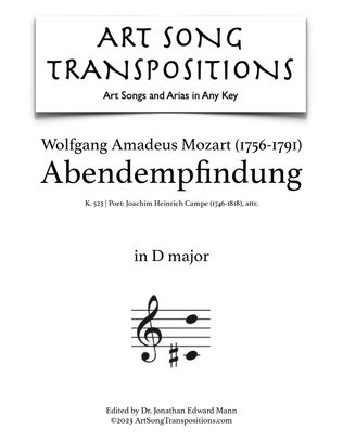 Book cover for MOZART: Abendempfindung, K. 523 (transposed to D major)