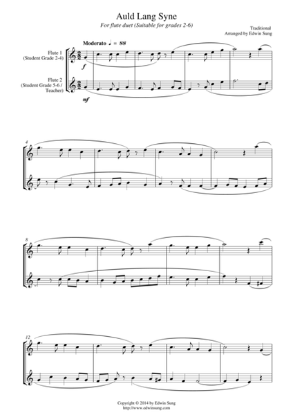 Auld Lang Syne (for flute duet, suitable for grades 2-6) image number null