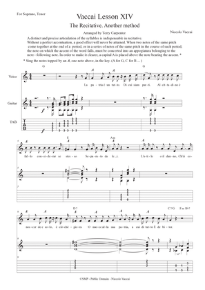 Book cover for Vaccai - Lesson 14 The Recitative. For tenor and soprano voice with guitar
