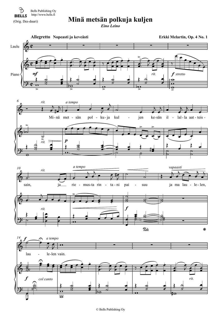Mina metsan polkuja kuljen, Op. 4 No. 1 (C Major)