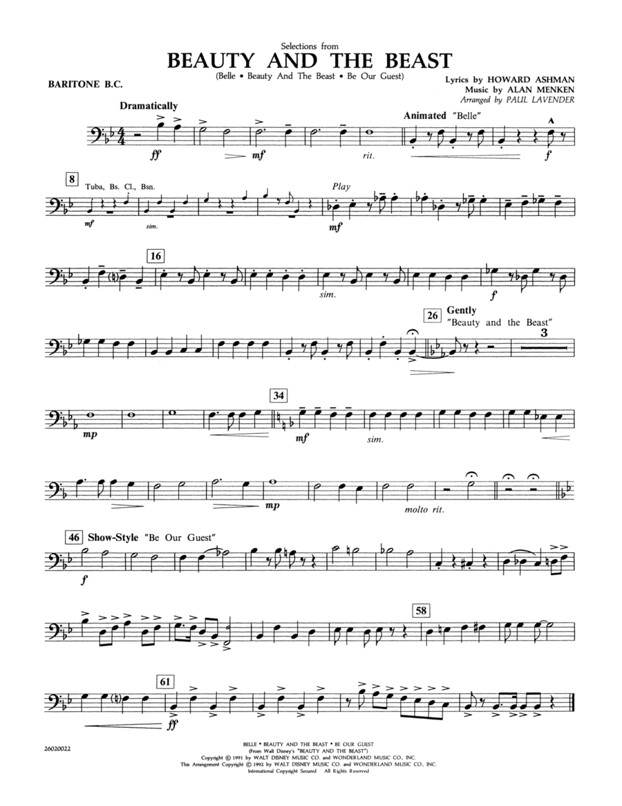 Selections from Beauty and the Beast - Baritone B.C. Concert Band scores gallery preview page 1