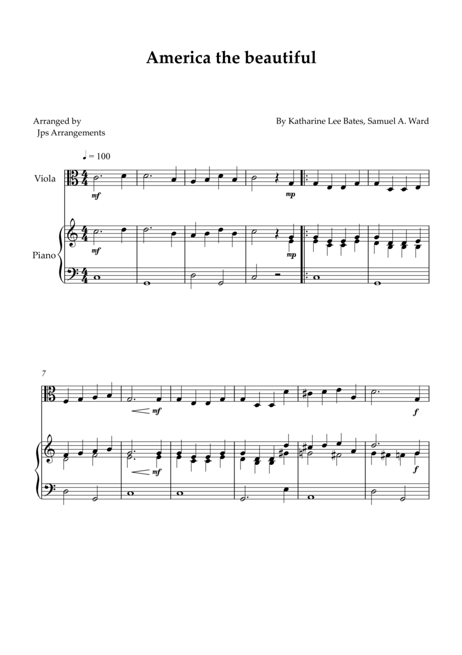 America The Beautiful - Viola Solo and piano (+ CHORDS) Piano scores gallery preview page 1