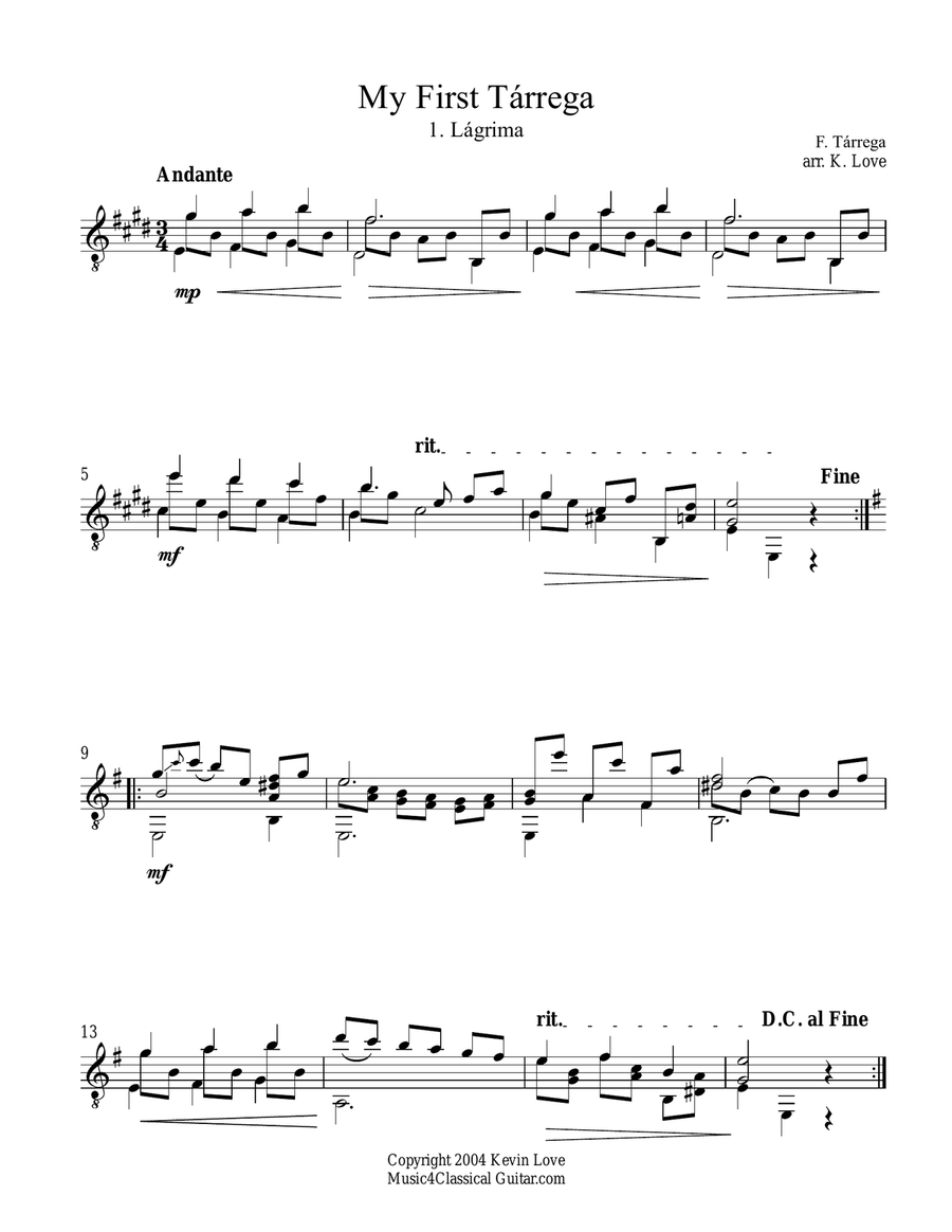 My First Tárrega - Lágrima, Estudio in La, Adelita Classical Guitar scores gallery preview page 1