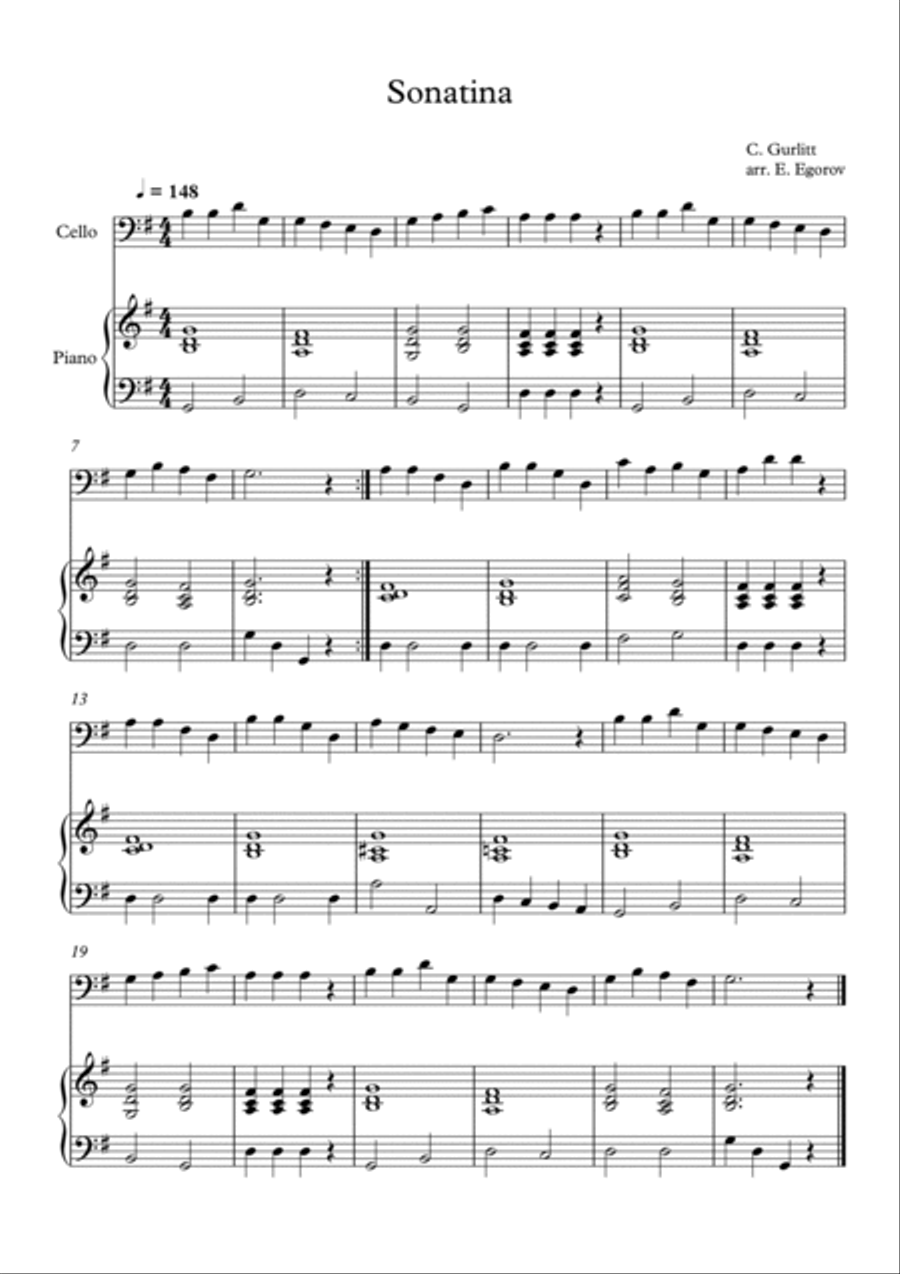 Sonatina, Cornelius Gurlitt, For Cello & Piano Piano scores gallery preview page 1