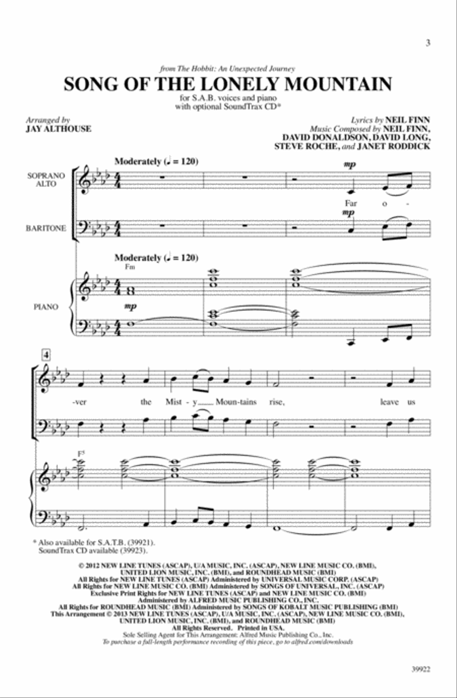 Song of the Lonely Mountain (from The Hobbit: An Unexpected Journey) Choir scores gallery preview page 1