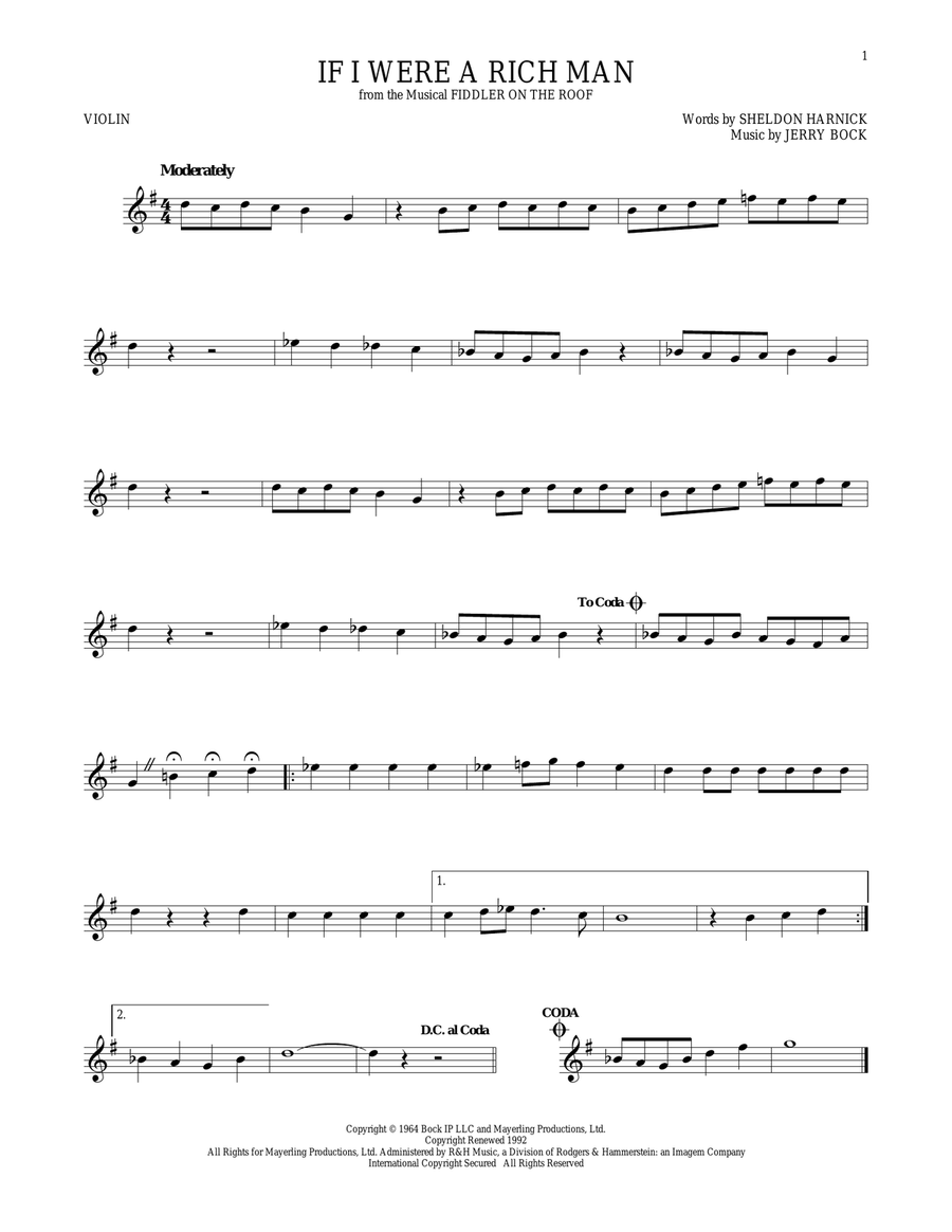 If I Were A Rich Man (from Fiddler On The Roof) Violin Solo scores gallery preview page 1