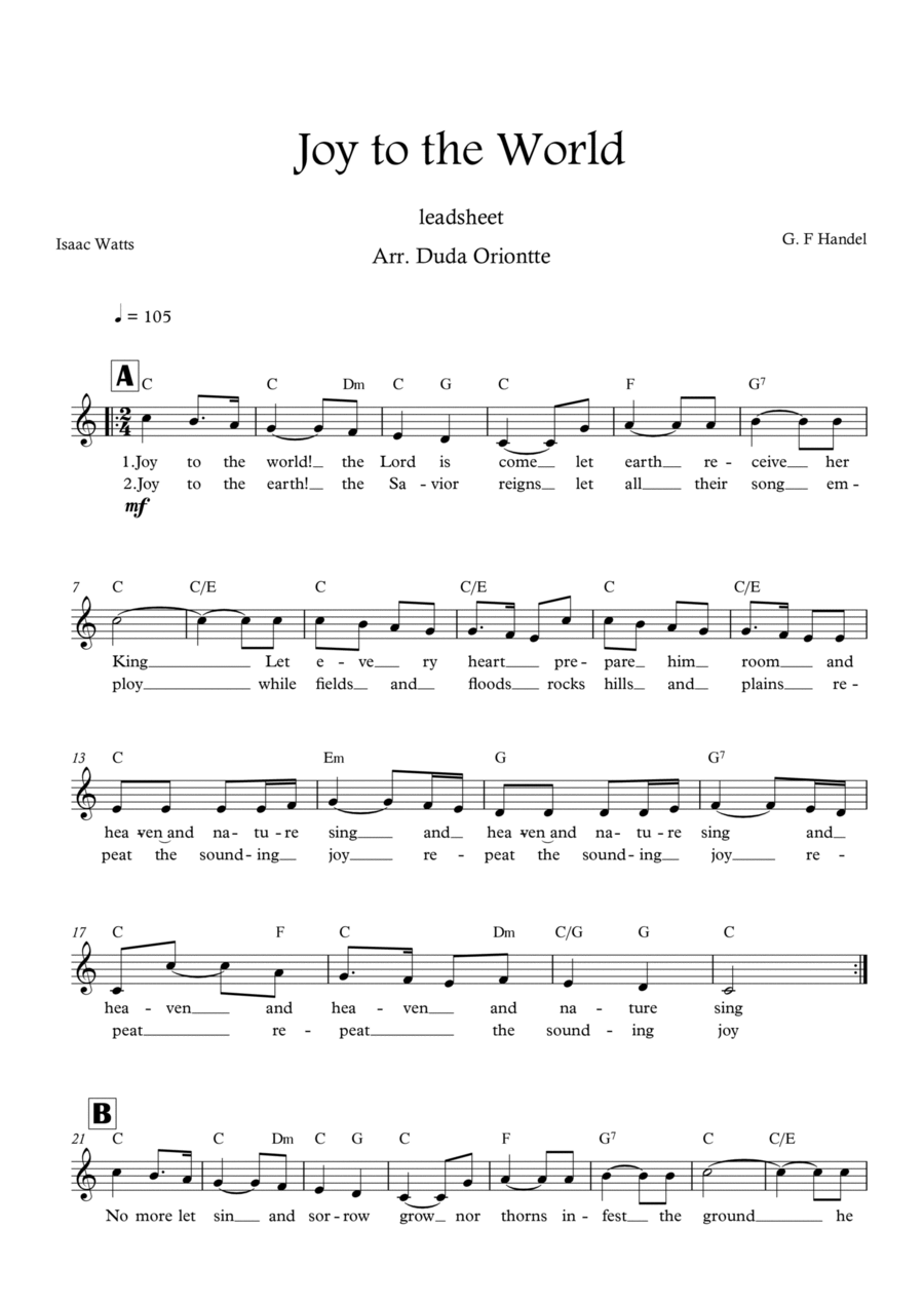 Joy to the World (C major - leadsheet - with lyrics) Easy Piano scores gallery preview page 1