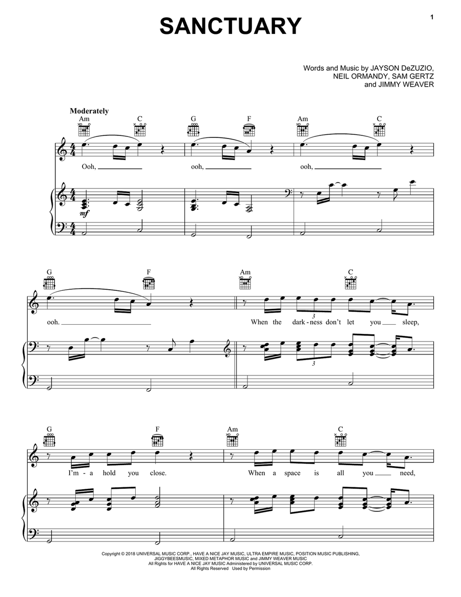 Sanctuary Piano, Vocal, Guitar scores gallery preview page 1