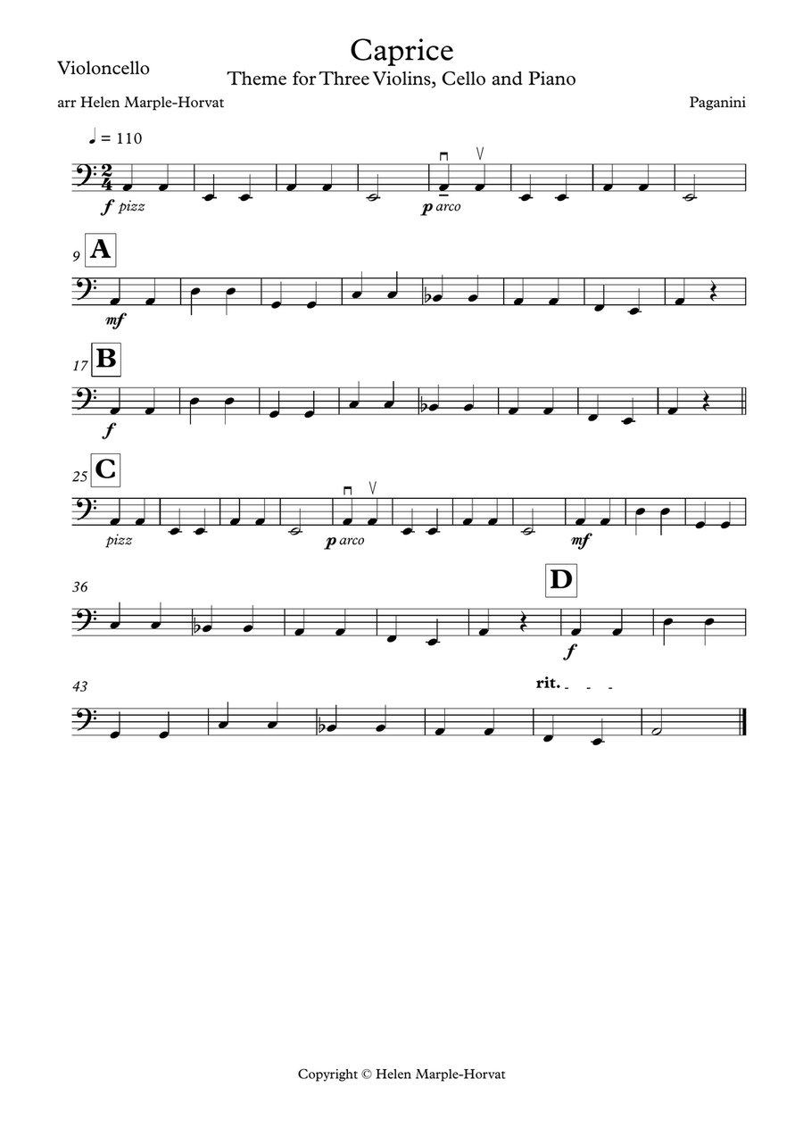 PAGANINI CAPRICE - VARIATIONS FOR THREE VIOLINS, CELLO AND PIANO String Quartet scores gallery preview page 4