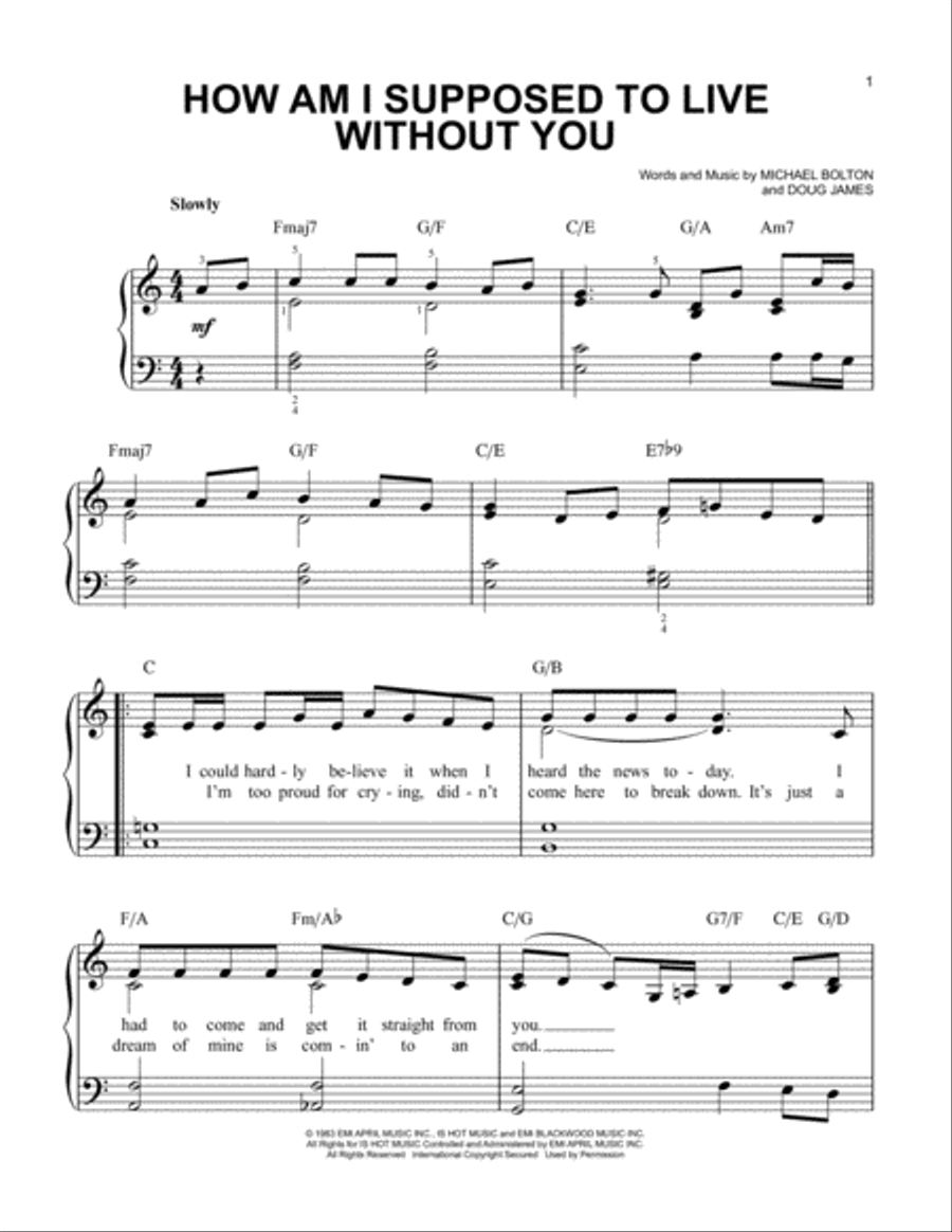 How Am I Supposed To Live Without You Easy Piano scores gallery preview page 1