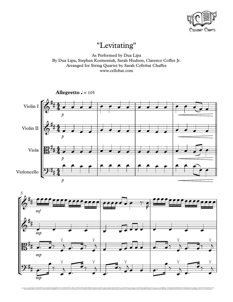 Levitating by Dua Lipa String Quartet - Digital Sheet Music