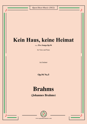 Book cover for Brahms-Kein Haus,keine Heimat,Op.94 No.5,in d minor