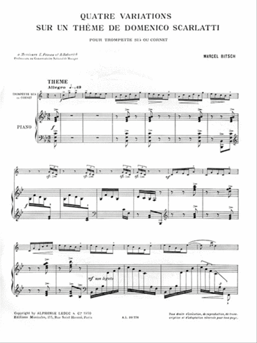 Quatre Variations Sur Un Theme De Domenico Scarlatti Pour Trompette (ou Cornet) Et Pian Cornet scores gallery preview page 2