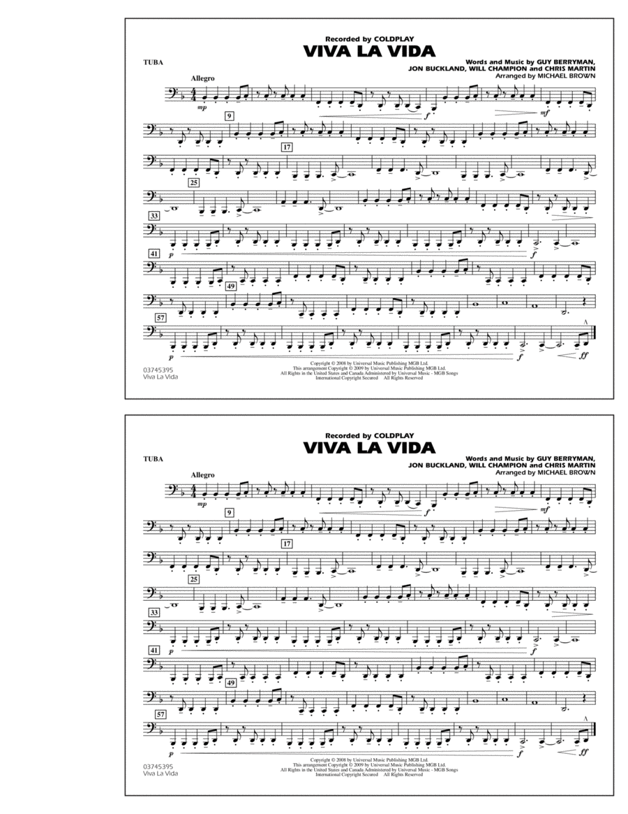 Viva La Vida - Tuba Viva La Vida - Tuba Marching Band scores gallery preview page 1