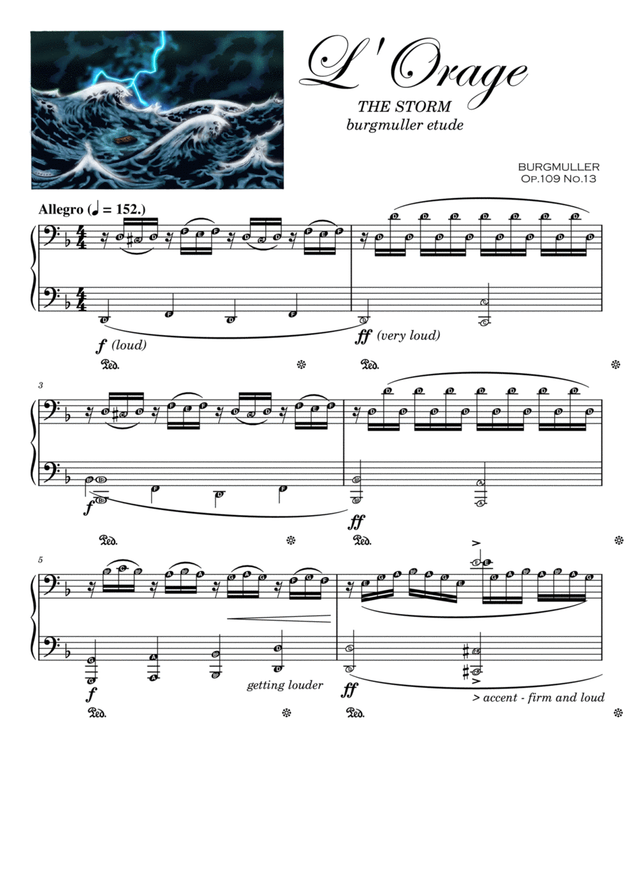 The Storm L' Orage (Grade 6) BURGMULLER Intermediate Piano Sheet Music with note names Piano Solo scores gallery preview page 1