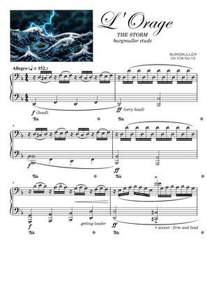 Book cover for The Storm L' Orage (Grade 6) BURGMULLER Intermediate Piano Sheet Music with note names