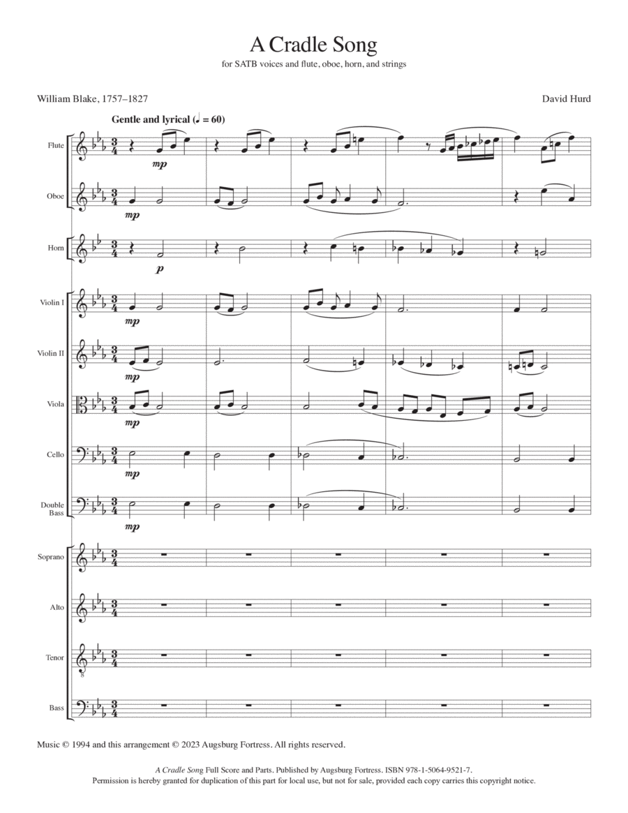 A Cradle Song: Full Score and Parts 4-Part scores gallery preview page 1