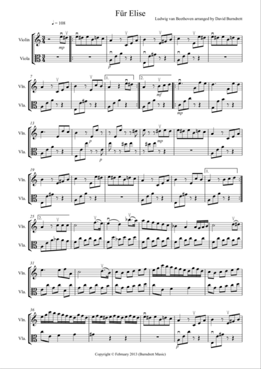 Für Elise for Violin and Viola Duet String Duet scores gallery preview page 1