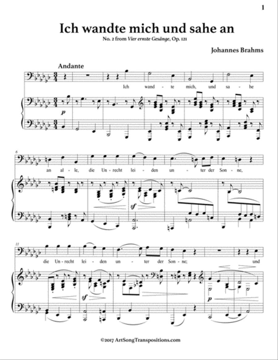 BRAHMS: Ich wandte mich und sahe an, Op. 121 no. 2 (transposed to E-flat minor, bass clef) Voice scores gallery preview page 2