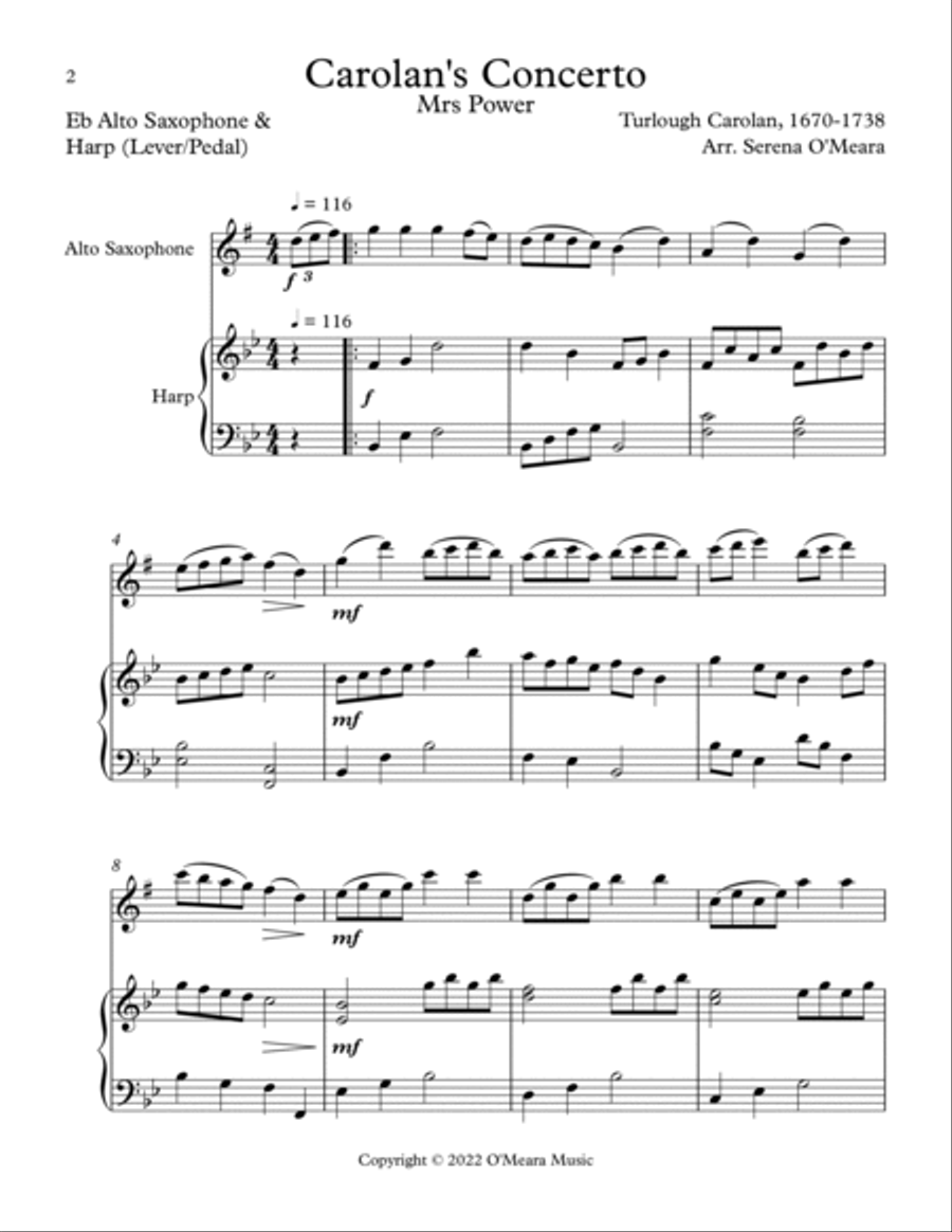 Carolan’s Concerto, Duet for Eb Alto Saxophone & Harp Alto Saxophone scores gallery preview page 2
