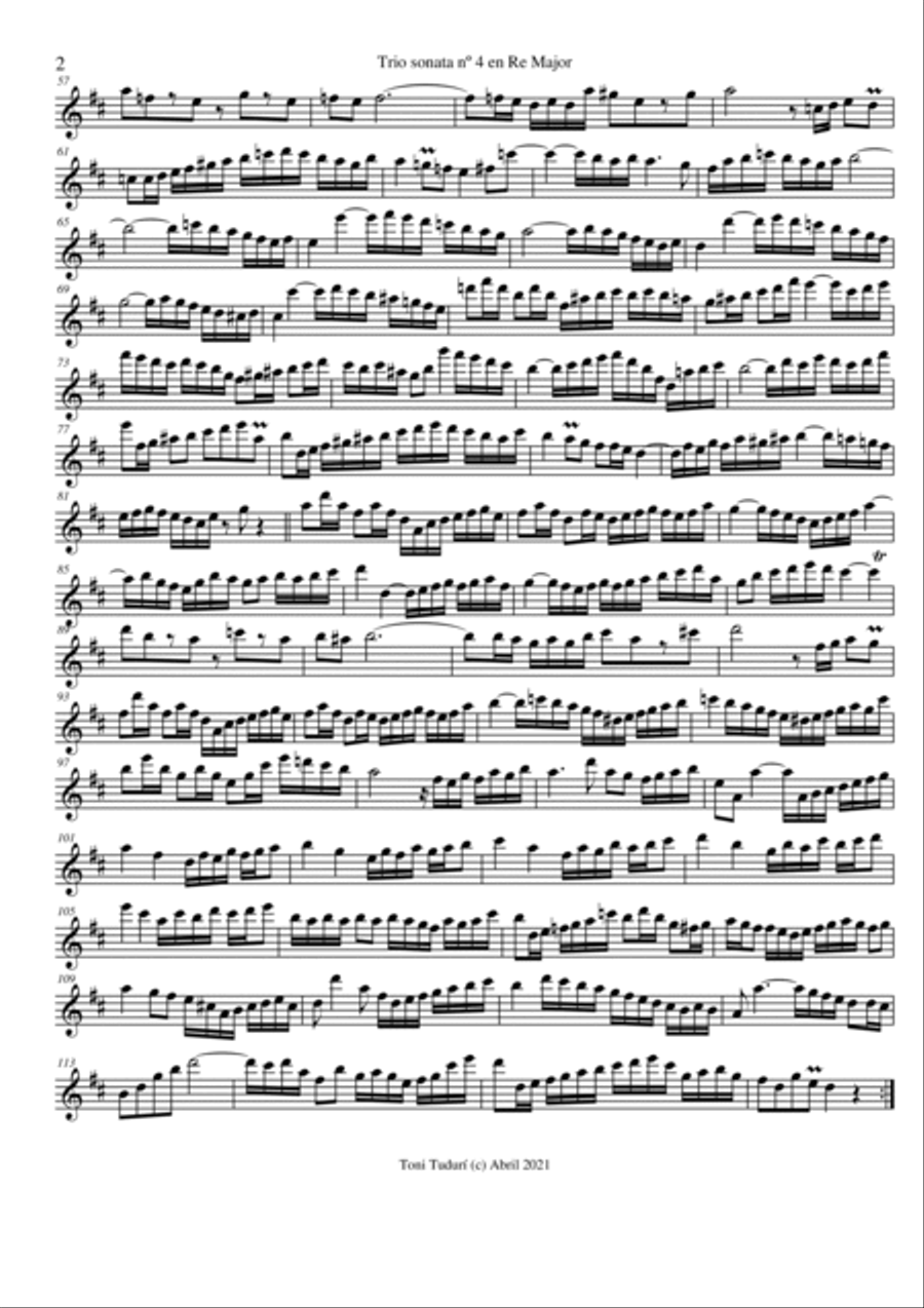 Trio sonata nº4 in D Major for flute, violin & cello or 2 violins & cello and basso continuo (PARTS image number null