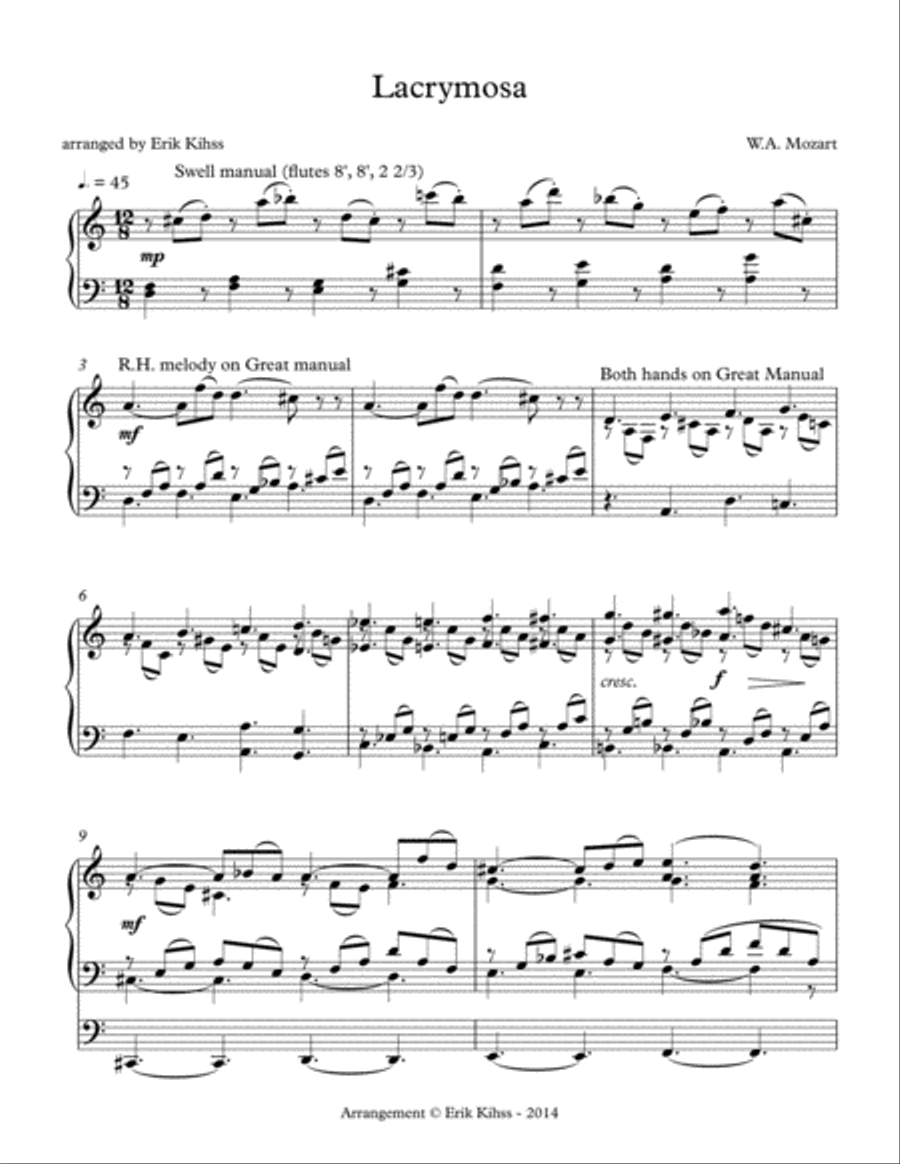 Lacrymosa - Mozart - a simplified arrangement for organ by Erik Kihss Organ Solo scores gallery preview page 1